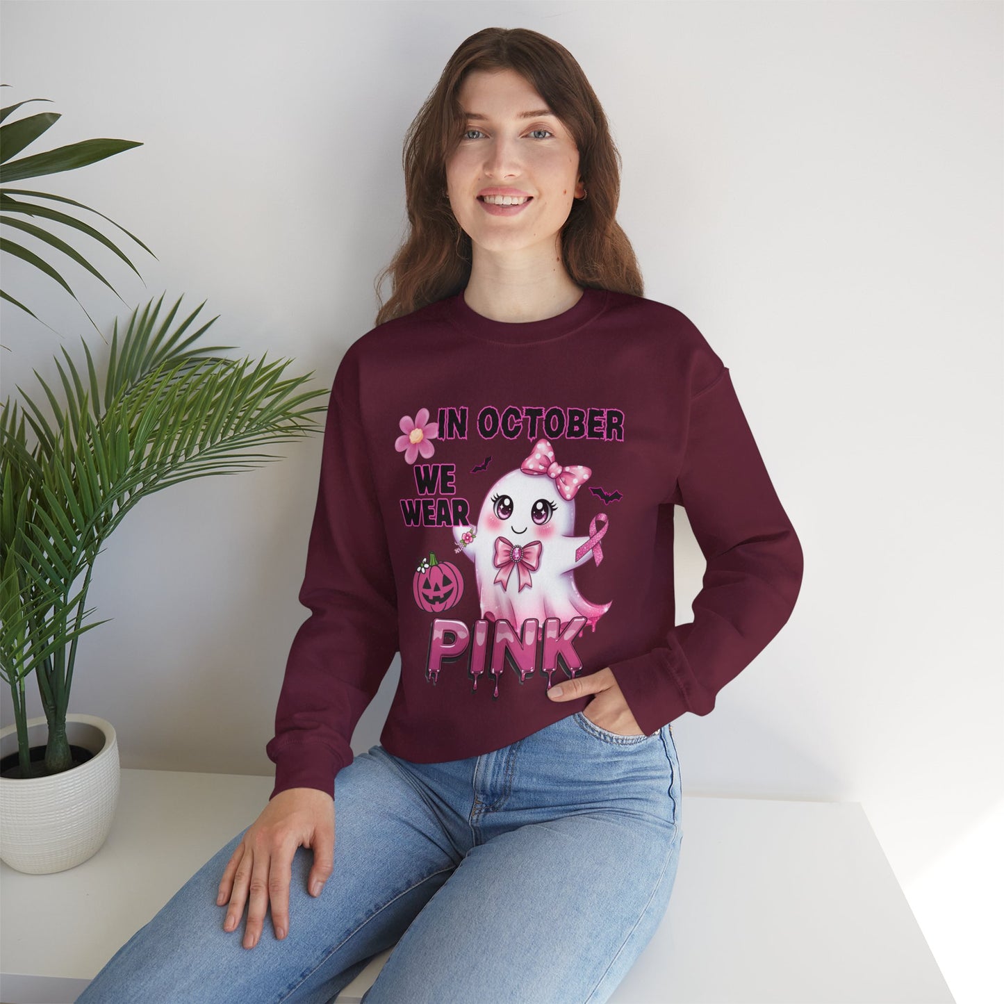 In October We Wear Pink Ghost Sweatshirt Breast Cancer Awareness Halloween Sweater Cute Kawaii Ribbon Gift Cozy Fall Crewneck Pullover