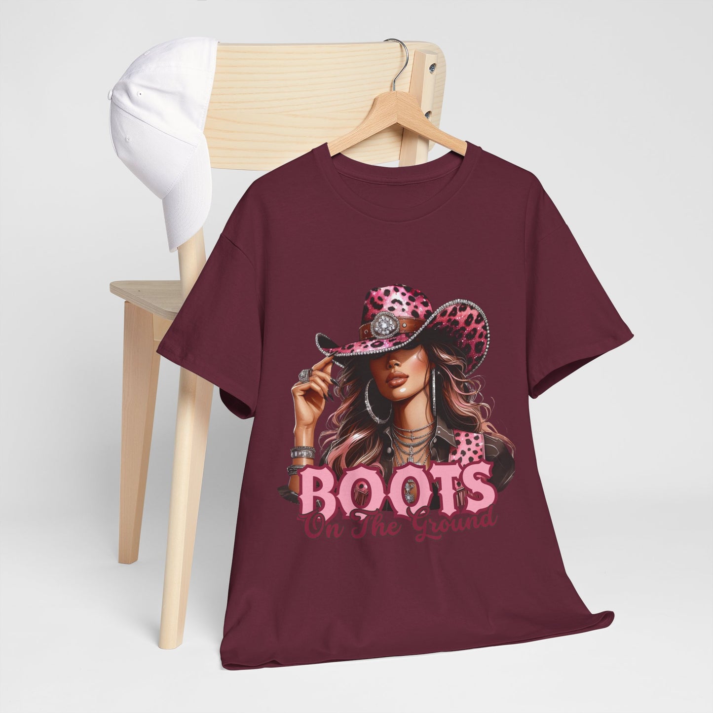 Boots On The Ground Shirt | Western Cowgirl Pink Leopard Hat Graphic Tee