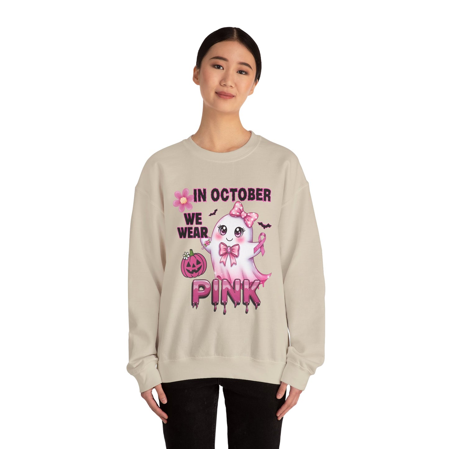 In October We Wear Pink Ghost Sweatshirt Breast Cancer Awareness Halloween Sweater Cute Kawaii Ribbon Gift Cozy Fall Crewneck Pullover