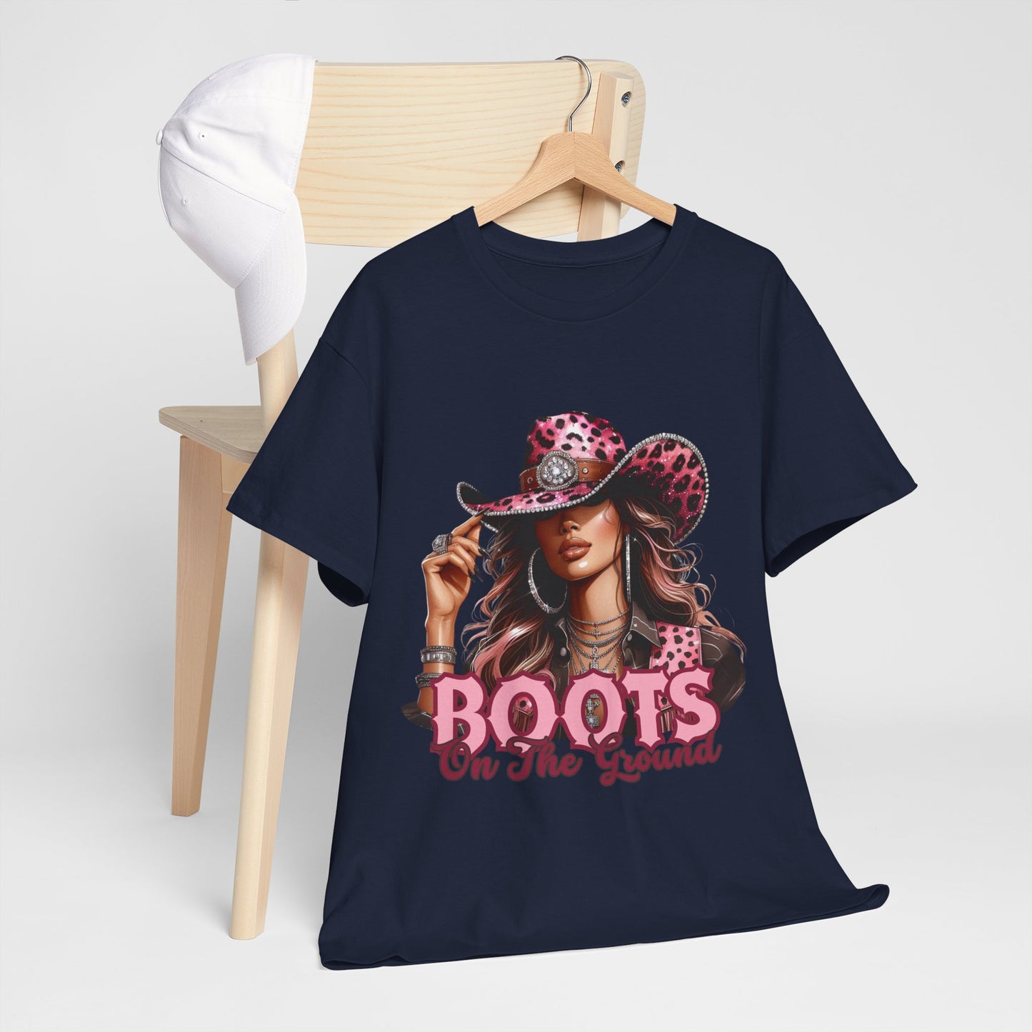 Boots On The Ground Shirt | Western Cowgirl Pink Leopard Hat Graphic Tee