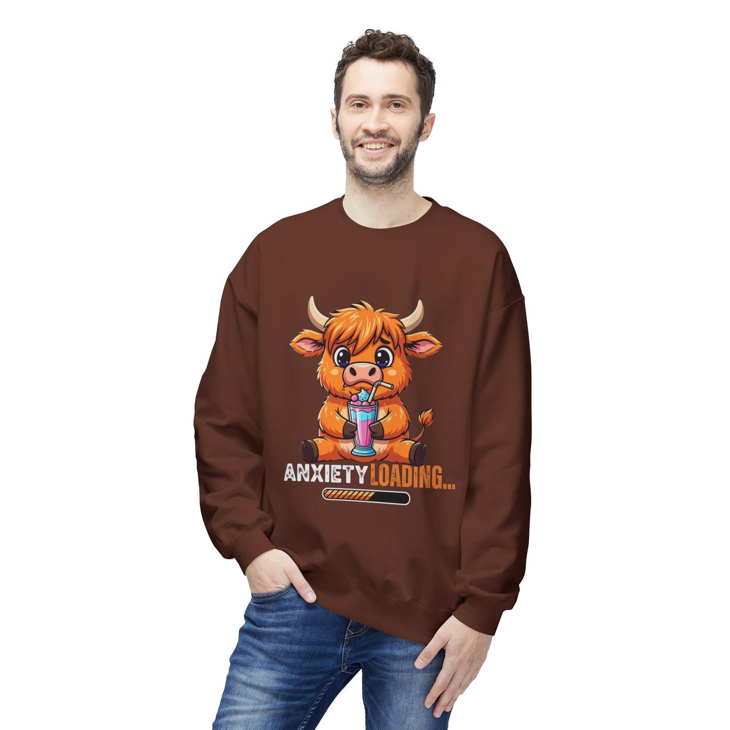 Anxiety Loading Sweatshirt, Cozy Fleece Crewneck, Relaxing Gift, Stress Relief Apparel, Cute Animal Design, Unisex Casual Wear