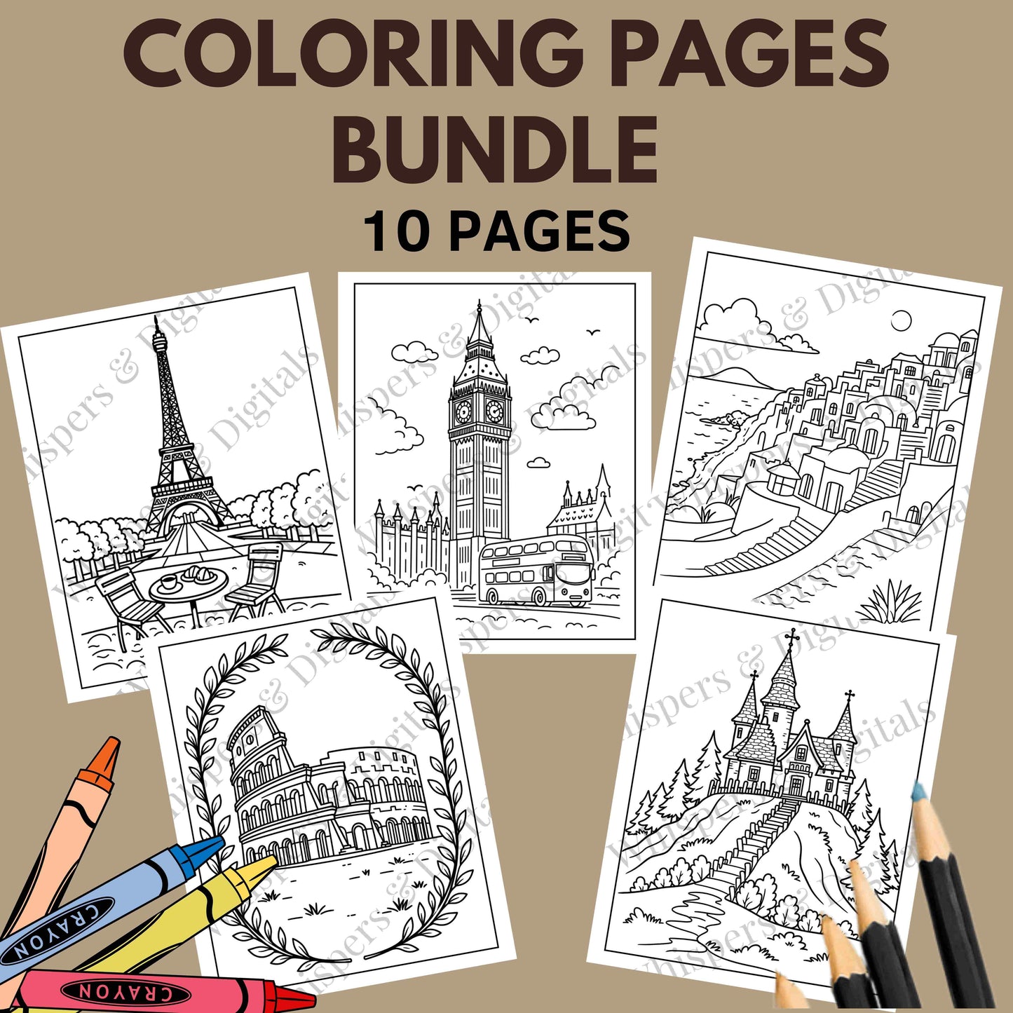 Ten printable European travel-themed coloring pages featuring landmarks, luggage, airplanes, and compass designs — digital download for travel lovers