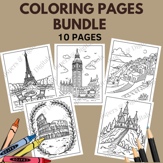 Ten printable European travel-themed coloring pages featuring landmarks, luggage, airplanes, and compass designs — digital download for travel lovers