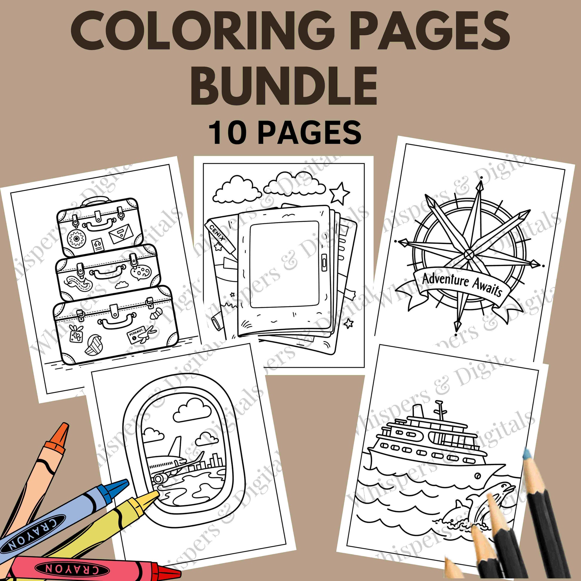 Ten printable travel-themed coloring pages featuring airplanes, luggage, compass, and travel icons — digital download for adults and kids