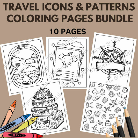 Ten printable travel icon and pattern coloring pages featuring airplanes, luggage, compasses, and travel doodles — digital download for travel lovers