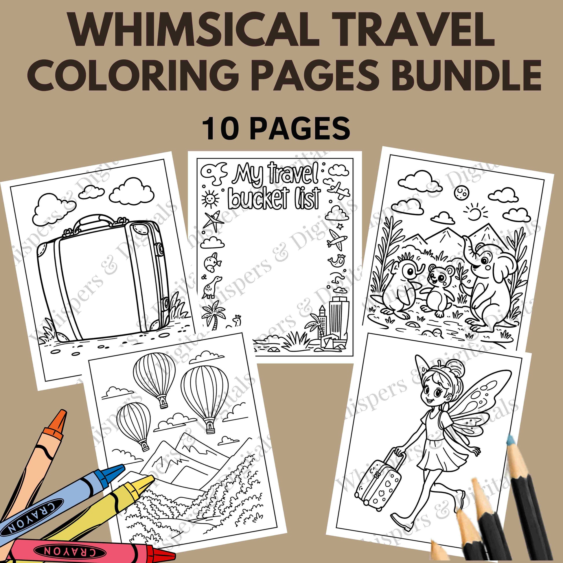 Ten whimsical travel-themed coloring pages featuring fairies, animals, hot air balloons, and suitcases — printable digital download