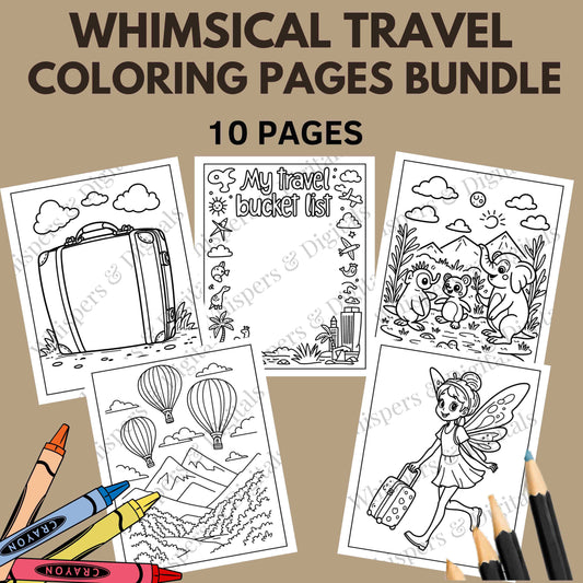Ten whimsical travel-themed coloring pages featuring fairies, animals, hot air balloons, and suitcases — printable digital download
