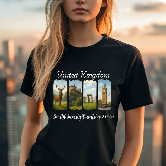 United Kingdom Family Vacation Shirt 2025 – Custom Scenic UK T-Shirt with Landmarks, Personalized Travel Souvenir Tee