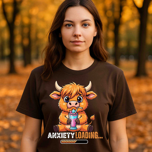 Anxiety Loading Cow Tee, Funny Unisex T-Shirt, Cute Animal Graphic Shirt, Perfect for Teens, Casual Everyday Wear