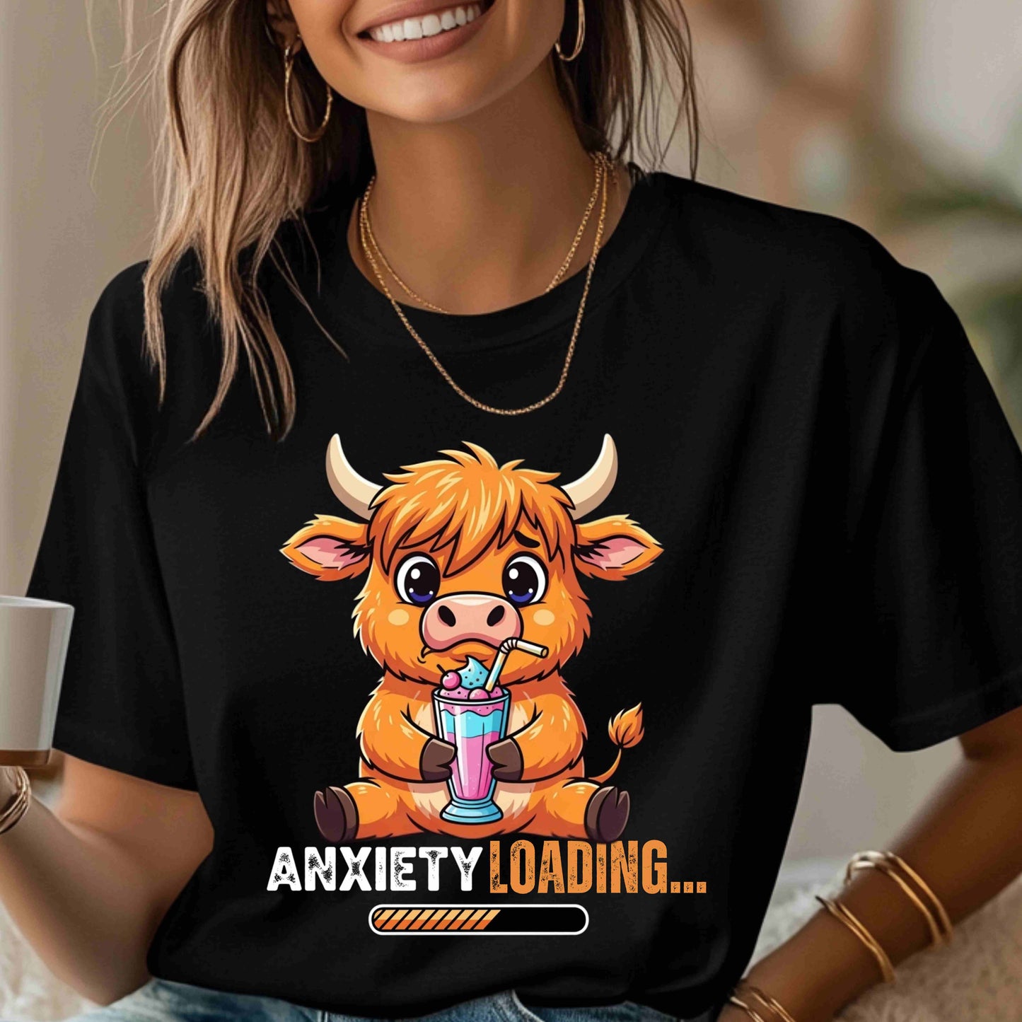 Anxiety Loading Cow Tee, Funny Unisex T-Shirt, Cute Animal Graphic Shirt, Perfect for Teens, Casual Everyday Wear