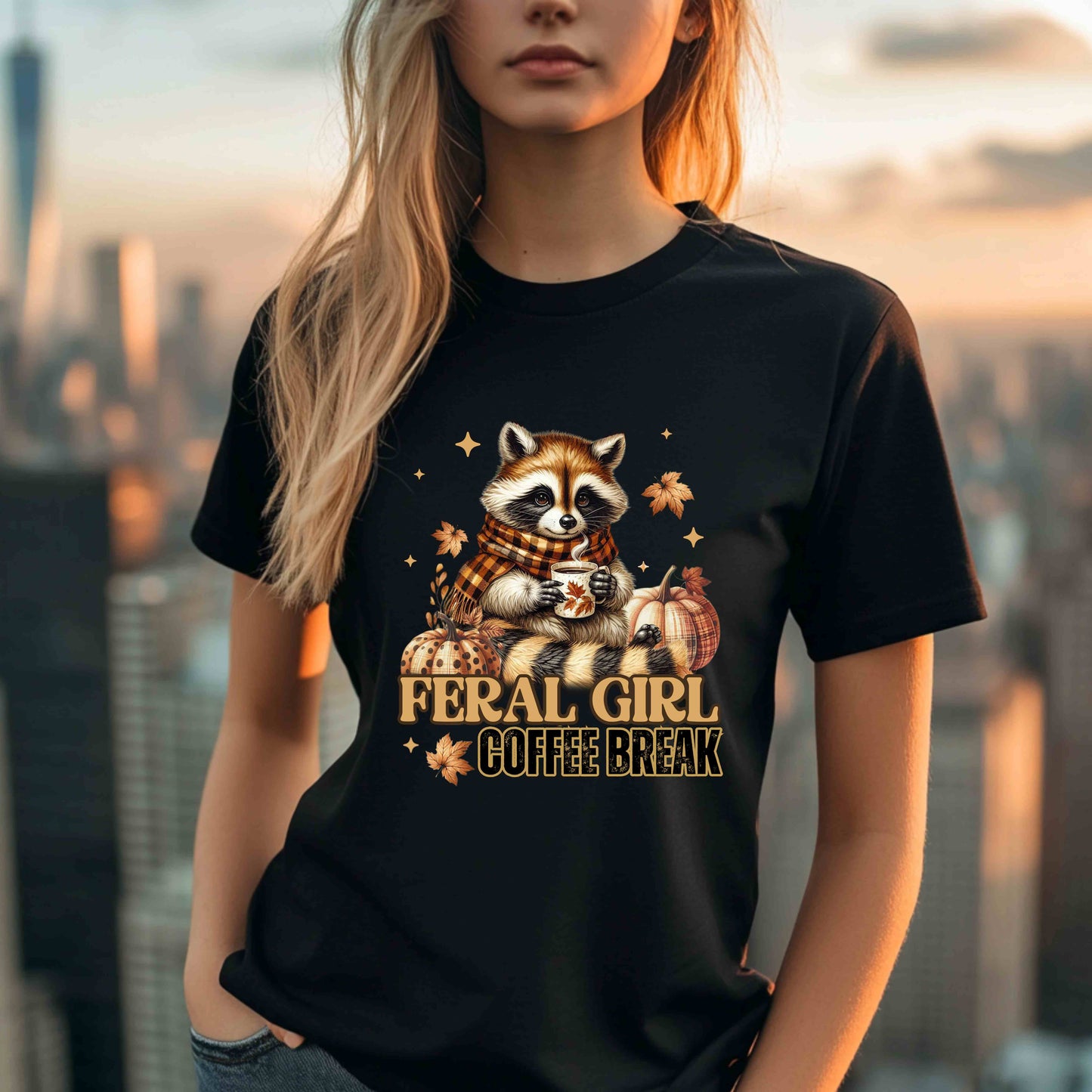 Feral Girl Coffee Break T-Shirt – Cute Fall Raccoon Shirt, Pumpkin Autumn Tee for Coffee Lovers