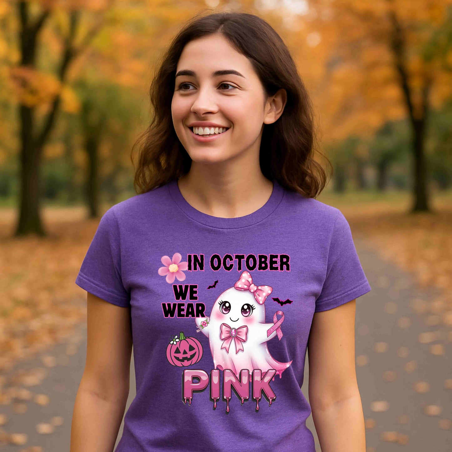 In October We Wear Pink Ghost Shirt Breast Cancer Awareness Halloween Tee Cute Kawaii Spirit Ribbon Support Gift for Her Womens T Shirt