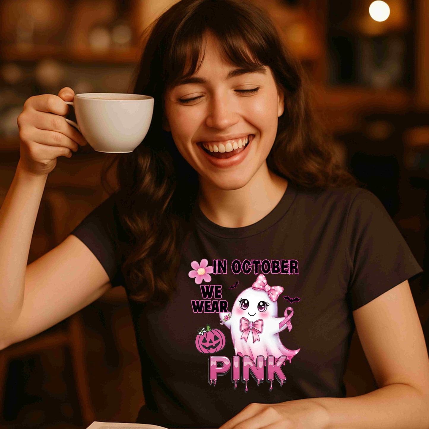 In October We Wear Pink Ghost Shirt Breast Cancer Awareness Halloween Tee Cute Kawaii Spirit Ribbon Support Gift for Her Womens T Shirt