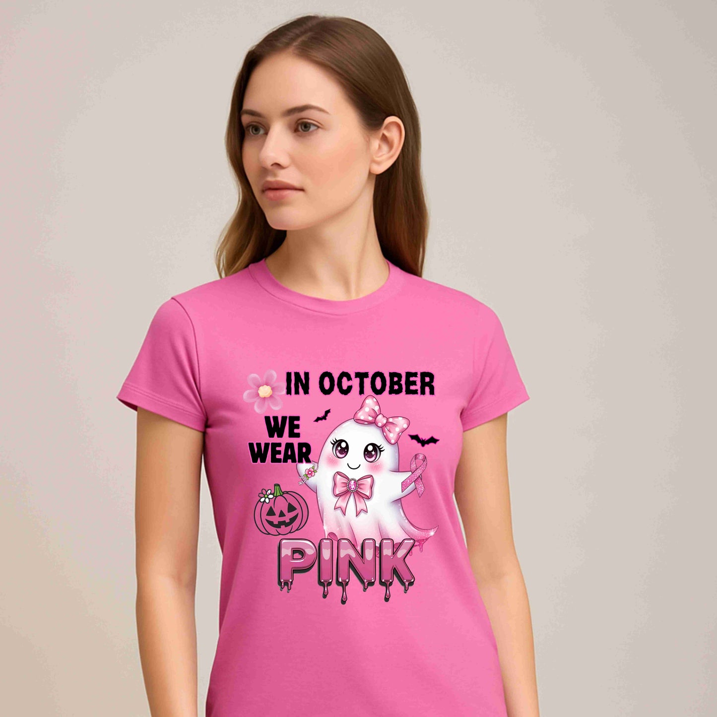 In October We Wear Pink Ghost Shirt Breast Cancer Awareness Halloween Tee Cute Kawaii Spirit Ribbon Support Gift for Her Womens T Shirt