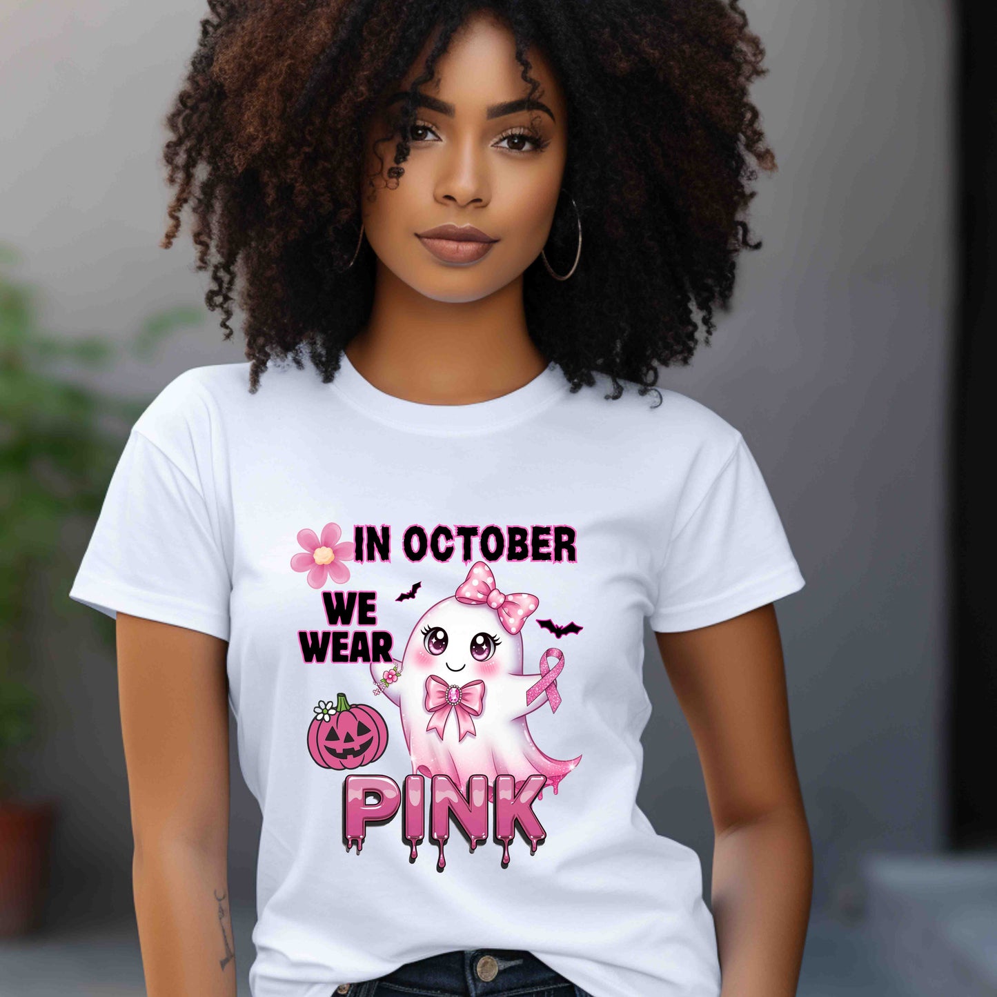 In October We Wear Pink Ghost Shirt Breast Cancer Awareness Halloween Tee Cute Kawaii Spirit Ribbon Support Gift for Her Womens T Shirt