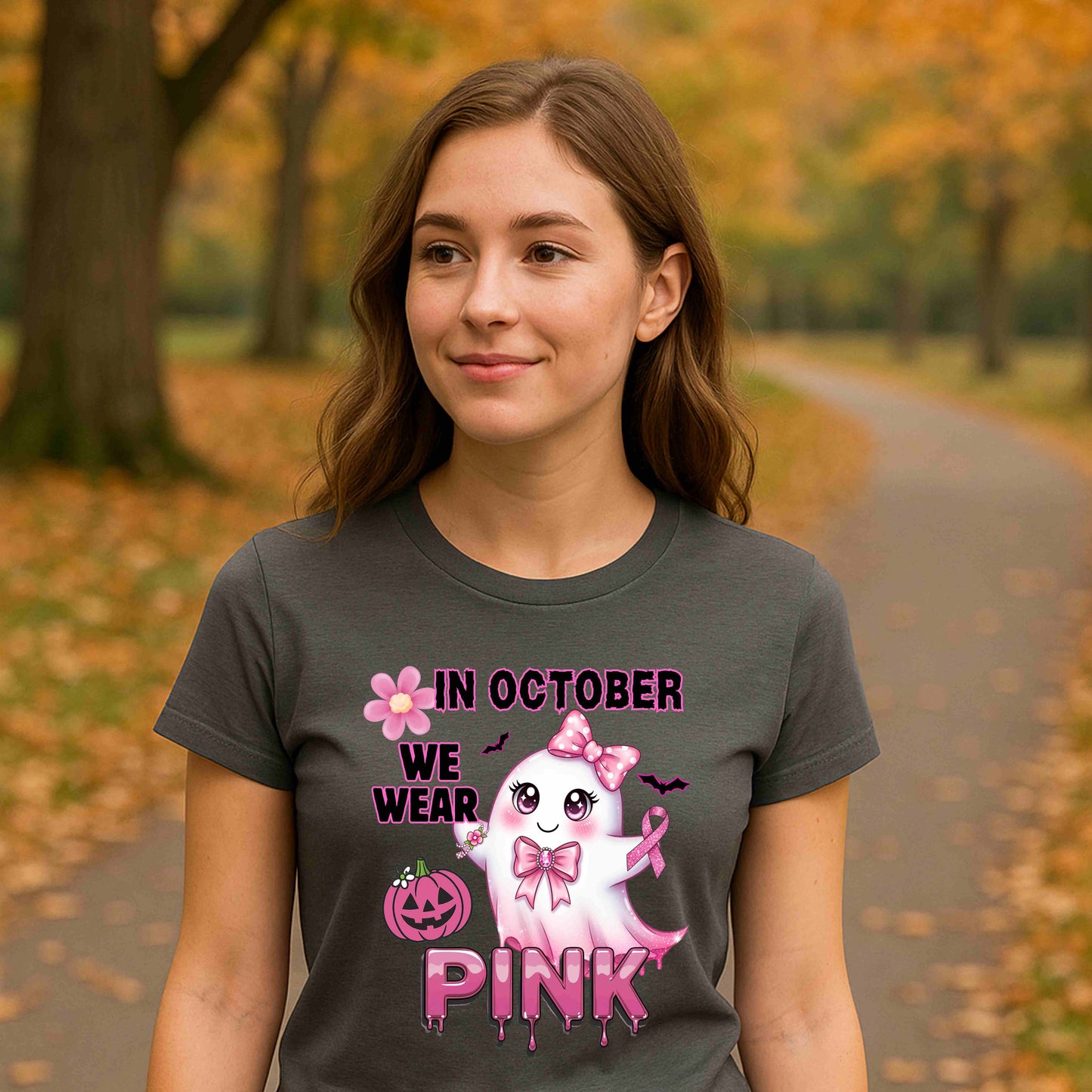 In October We Wear Pink Ghost Shirt Breast Cancer Awareness Halloween Tee Cute Kawaii Spirit Ribbon Support Gift for Her Womens T Shirt