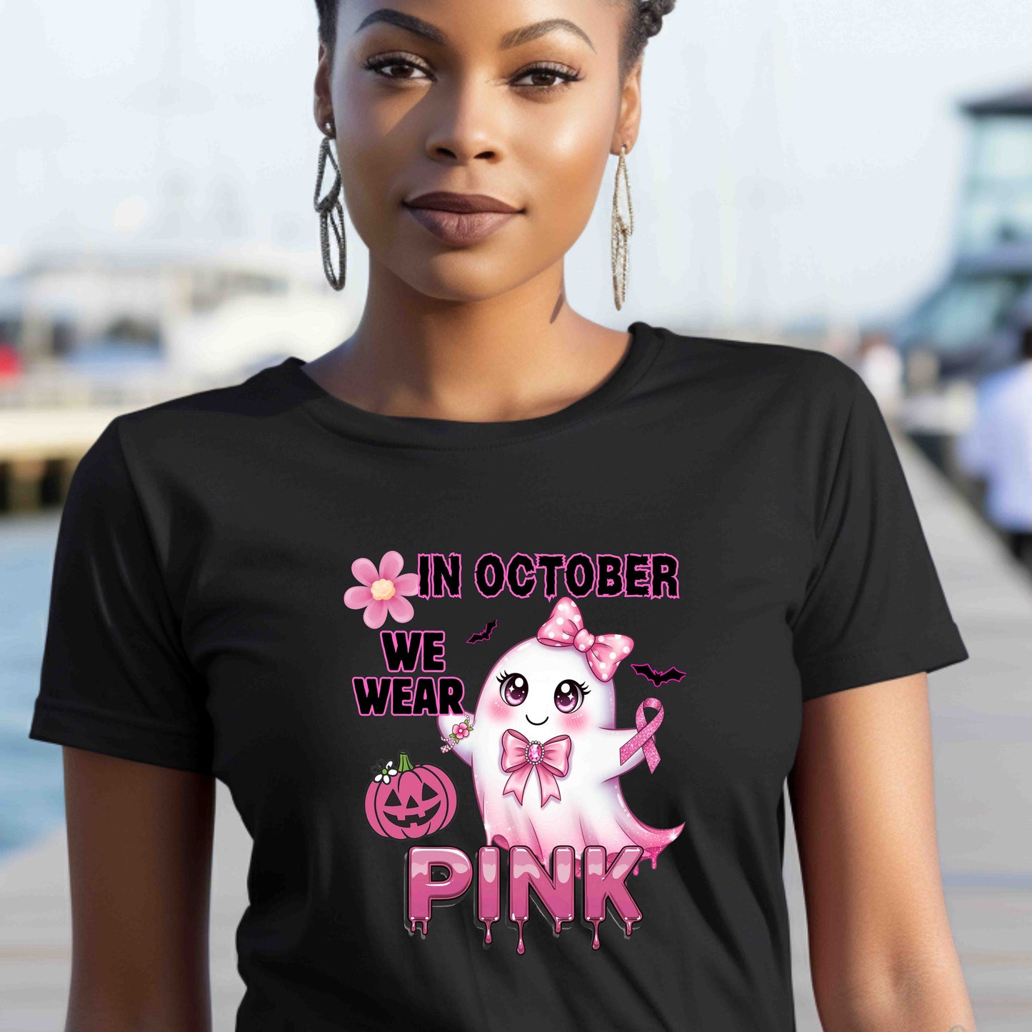 In October We Wear Pink Ghost Shirt Breast Cancer Awareness Halloween Tee Cute Kawaii Spirit Ribbon Support Gift for Her Womens T Shirt