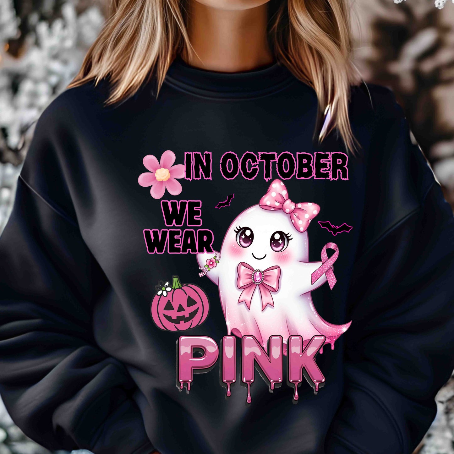 In October We Wear Pink Ghost Sweatshirt Breast Cancer Awareness Halloween Sweater Cute Kawaii Ribbon Gift Cozy Fall Crewneck Pullover