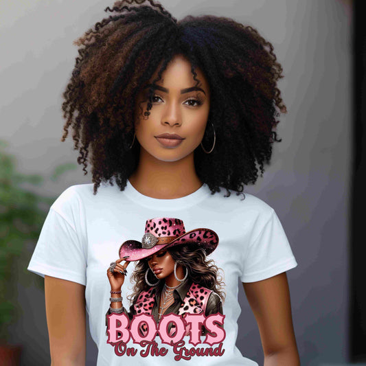 Pink Leopard Cowgirl T-Shirt – “Boots On The Ground” – Western Graphic Tee for Women