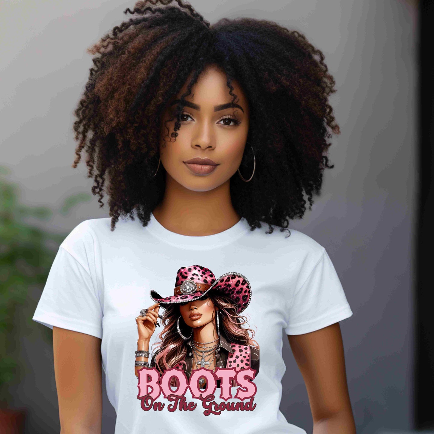 “Boots On The Ground” Pink Cowgirl Graphic T-Shirt – Western Leopard Print Rodeo Tee for Women