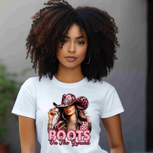 “Boots On The Ground” Pink Cowgirl Graphic T-Shirt – Western Leopard Print Rodeo Tee for Women