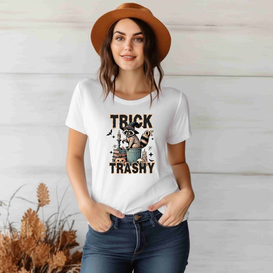 Trick or Trashy Halloween Raccoon Shirt | Funny Fall Graphic Tee