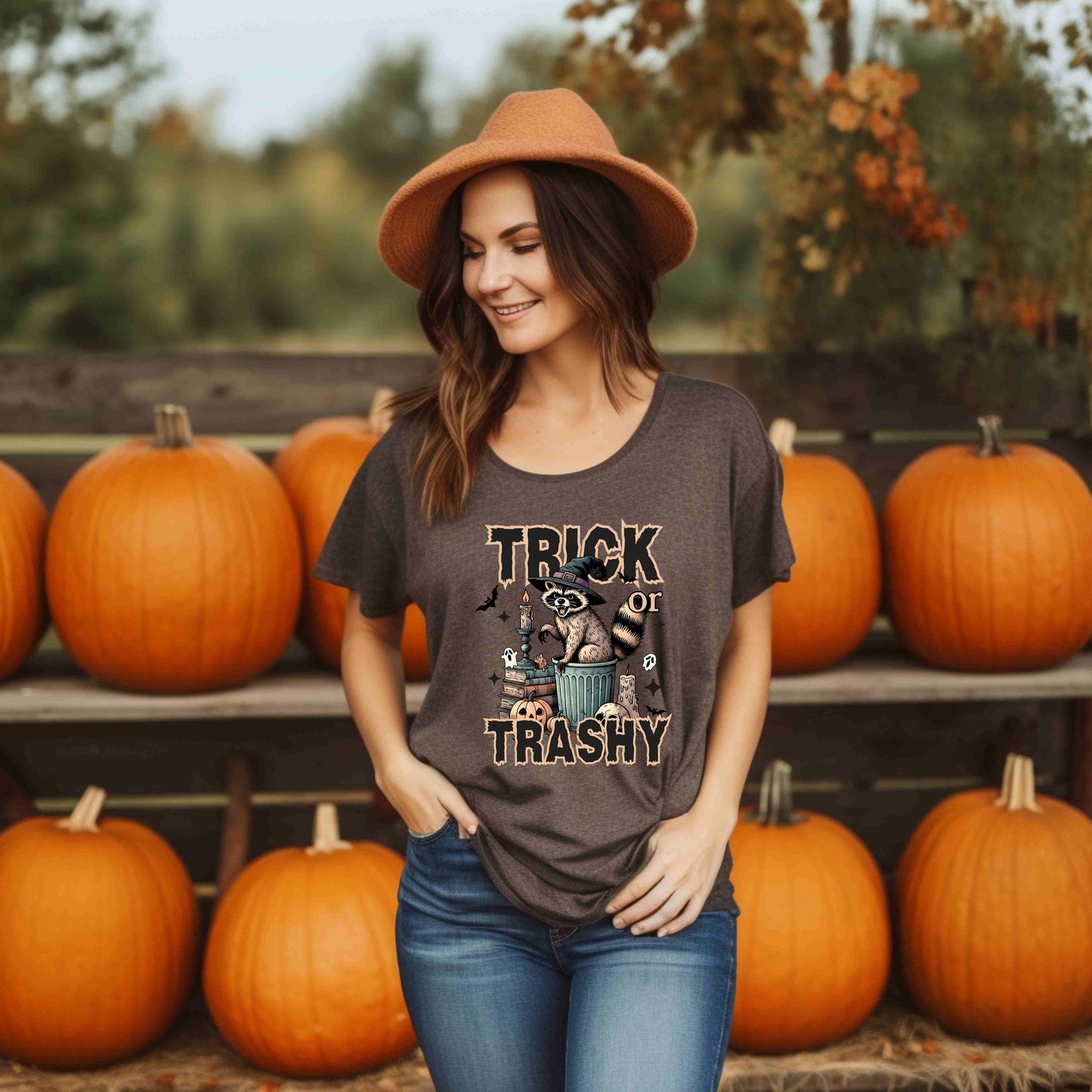 Trick or Trashy Halloween Raccoon Shirt | Funny Fall Graphic Tee