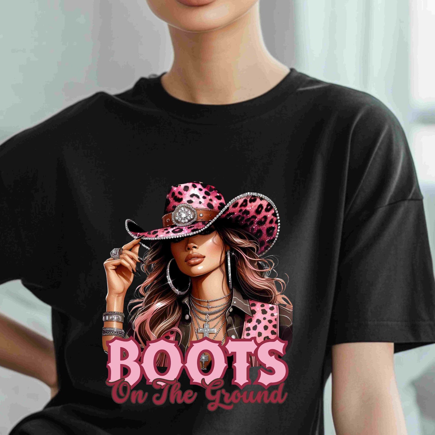 Boots On The Ground Shirt | Western Cowgirl Pink Leopard Hat Graphic Tee