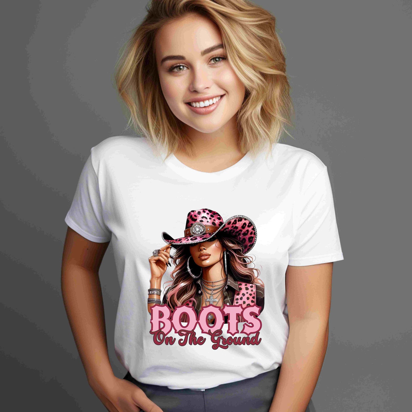 Boots On The Ground Shirt | Western Cowgirl Pink Leopard Hat Graphic Tee
