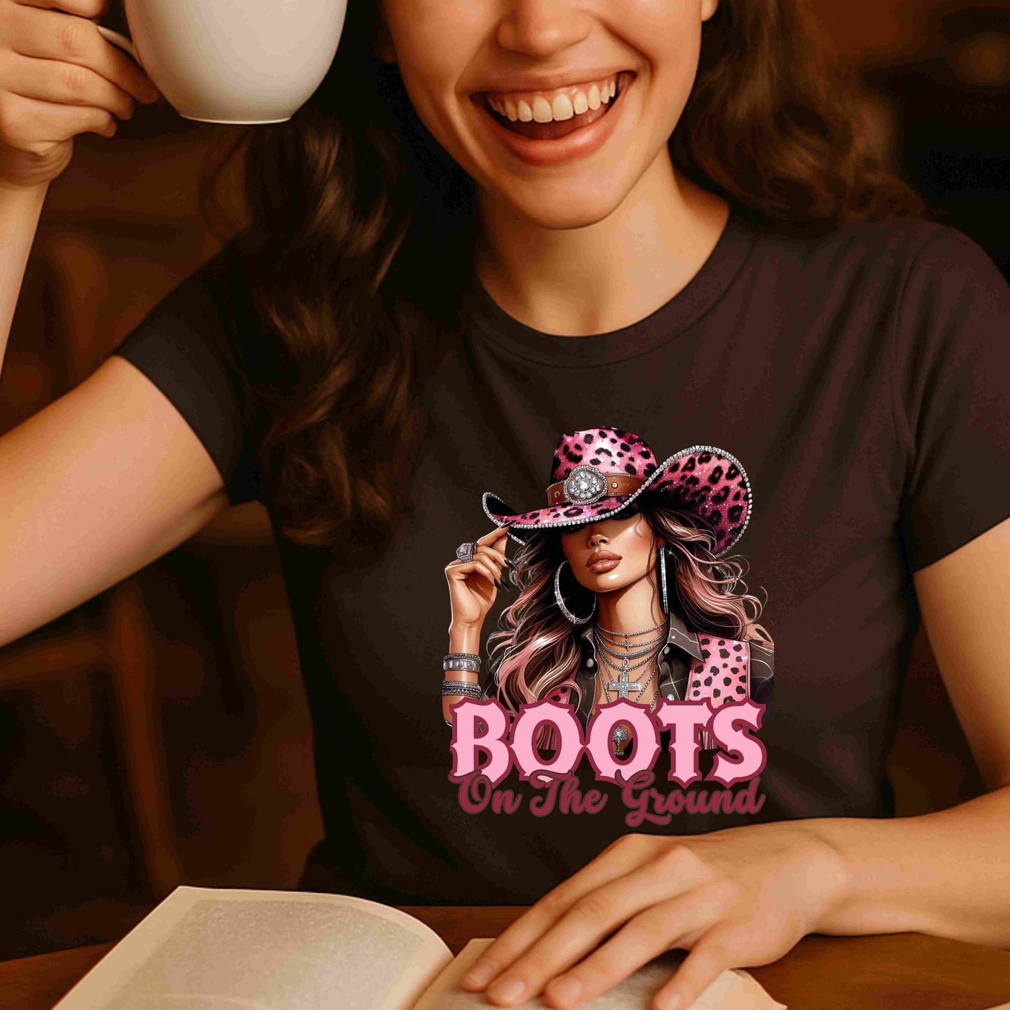 Boots On The Ground Shirt | Western Cowgirl Pink Leopard Hat Graphic Tee