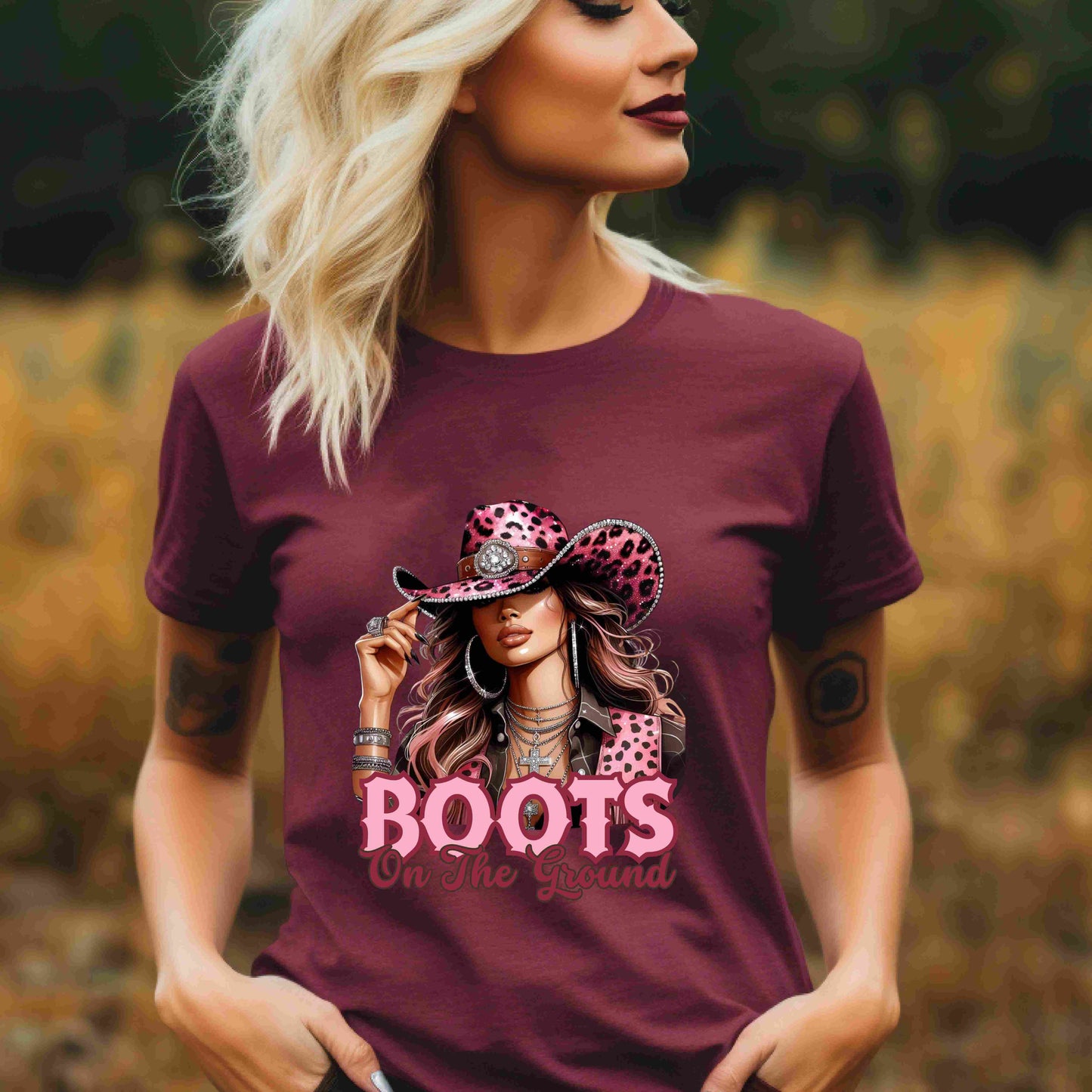 Boots On The Ground Shirt | Western Cowgirl Pink Leopard Hat Graphic Tee