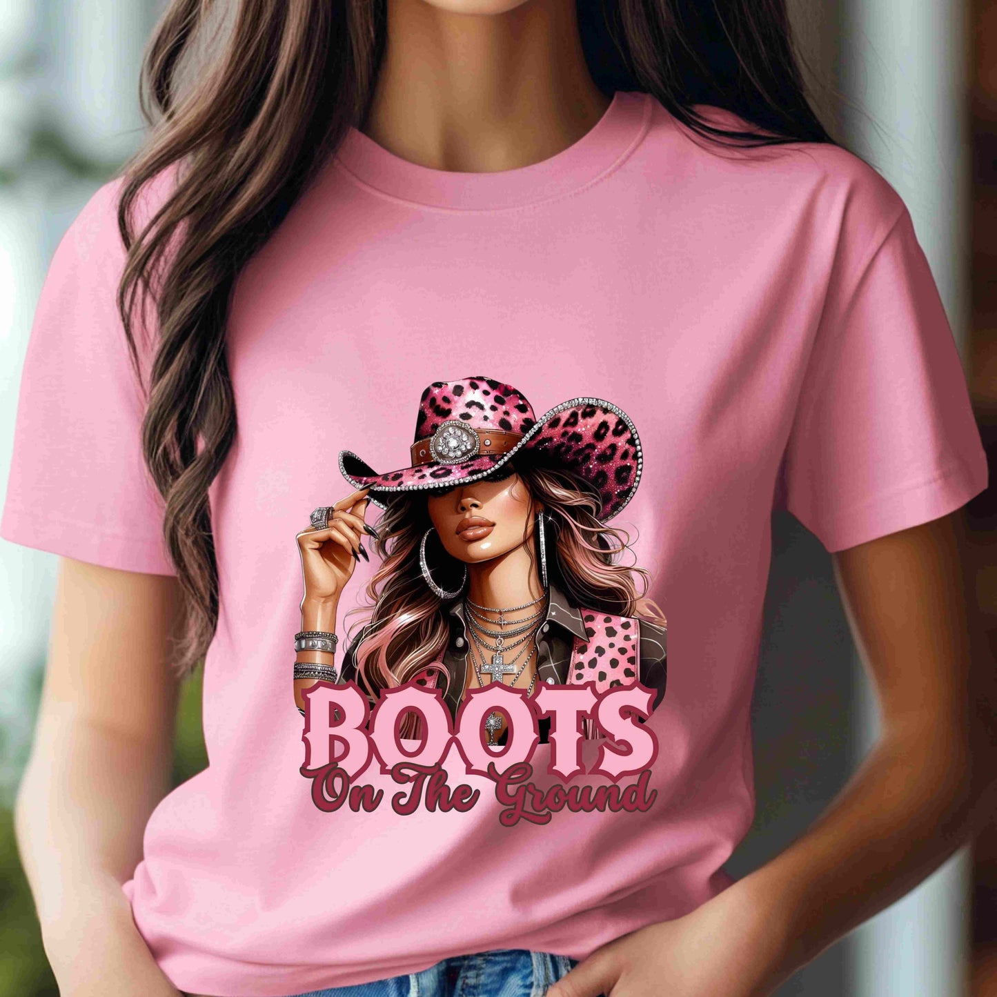 Boots On The Ground Shirt | Western Cowgirl Pink Leopard Hat Graphic Tee