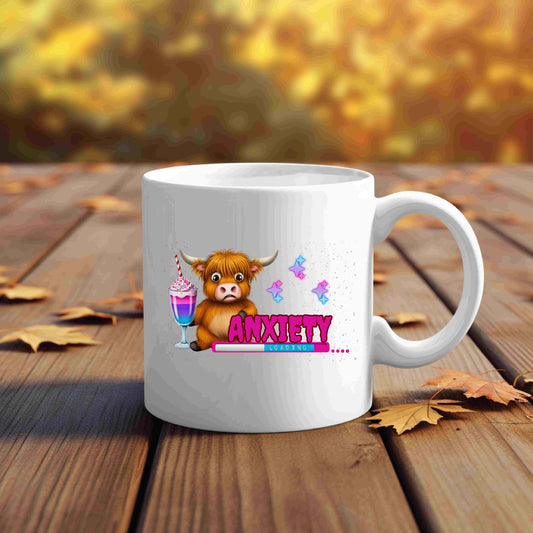 Anxiety Loading Highland Cow Coffee Mug – Funny Mental Health Gift