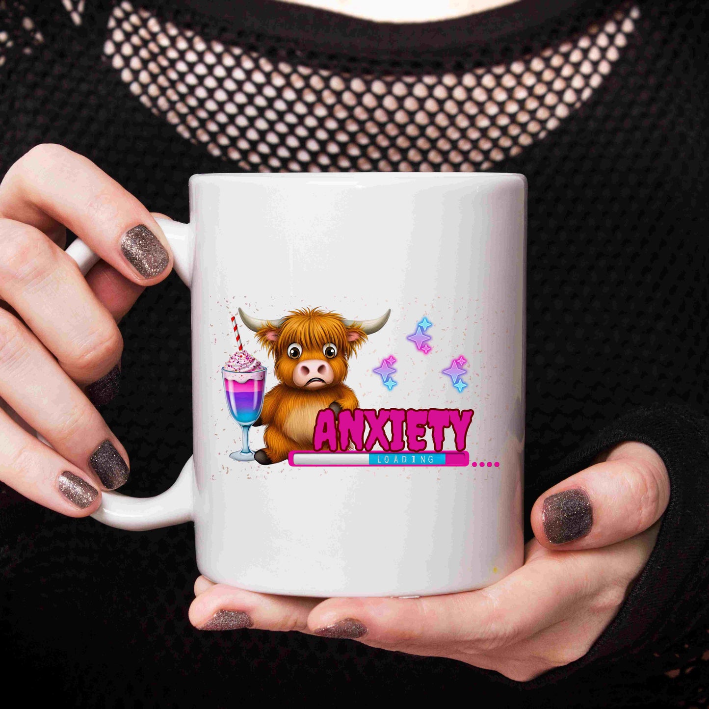 Anxiety Loading Highland Cow Coffee Mug – Funny Mental Health Gift