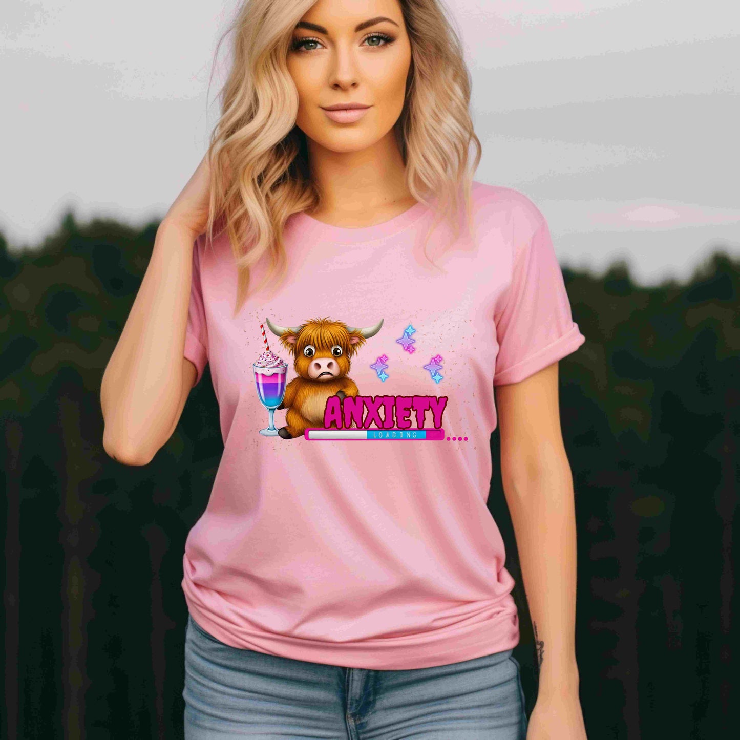 Anxiety Loading Highland Cow Bella+Canvas Shirt – Funny Mental Health Tee
