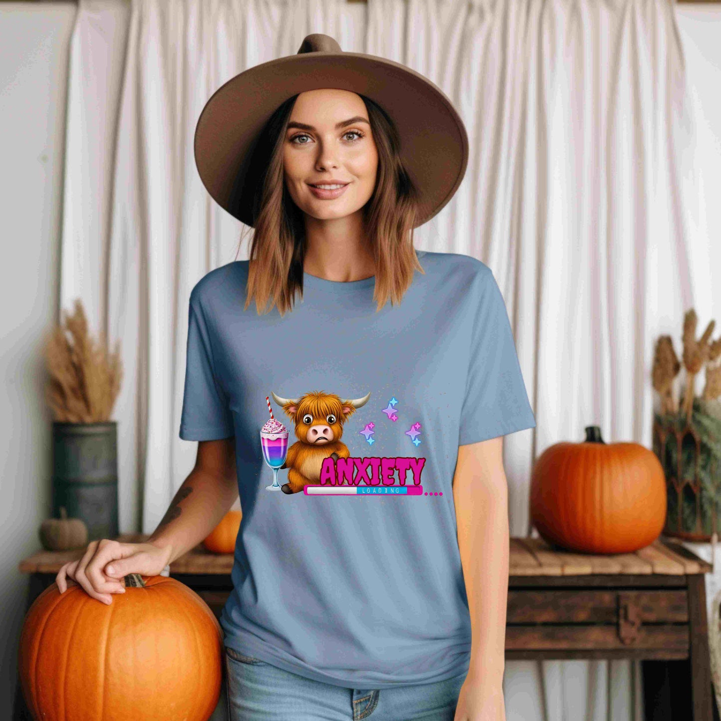 Anxiety Loading Highland Cow Bella+Canvas Shirt – Funny Mental Health Tee
