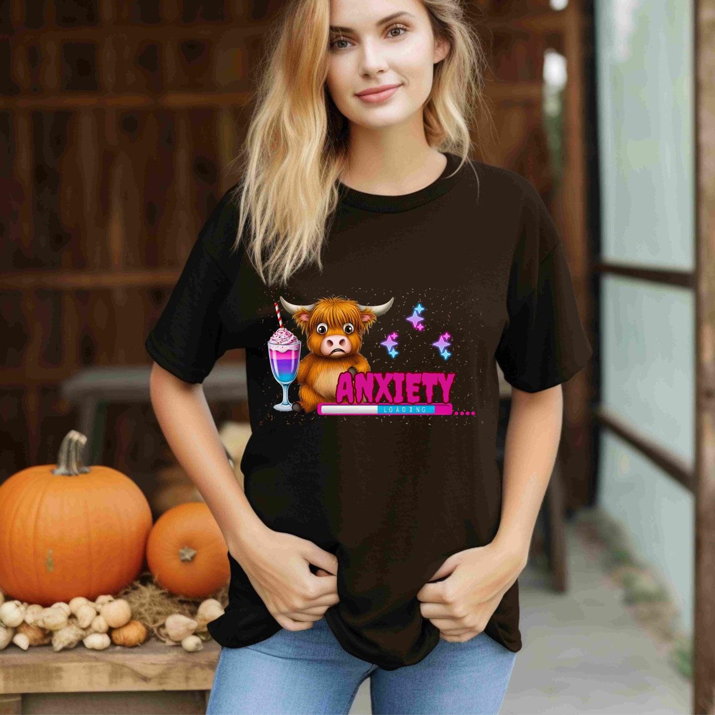 Anxiety Loading Highland Cow Bella+Canvas Shirt – Funny Mental Health Tee