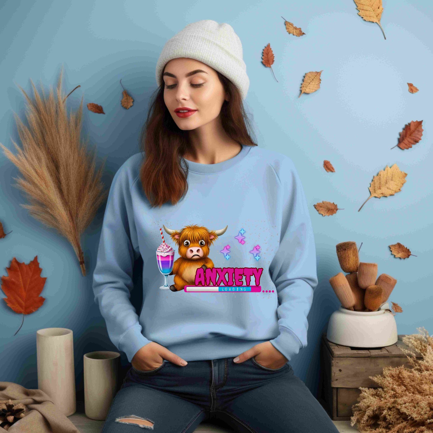 Anxiety Loading Highland Cow Sweatshirt – Funny Bella Canvas Unisex Crewneck