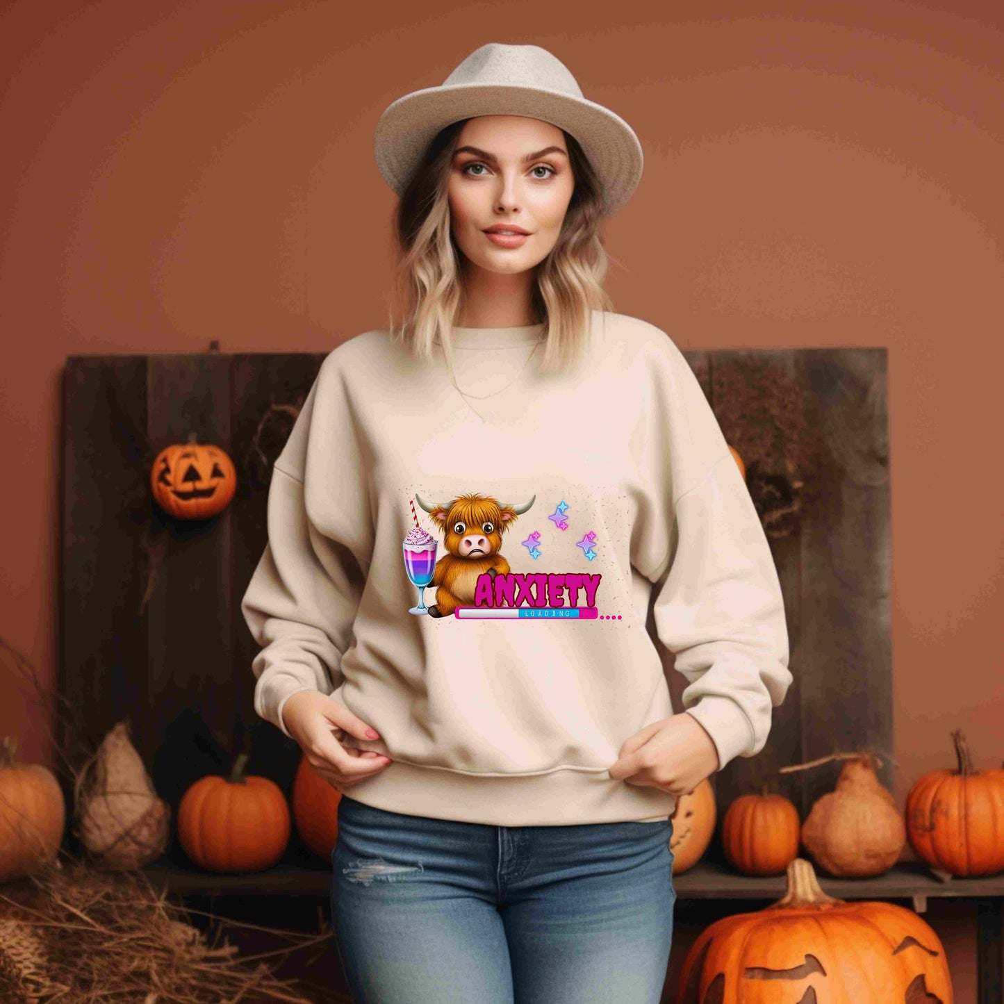 Anxiety Loading Highland Cow Sweatshirt – Funny Bella Canvas Unisex Crewneck