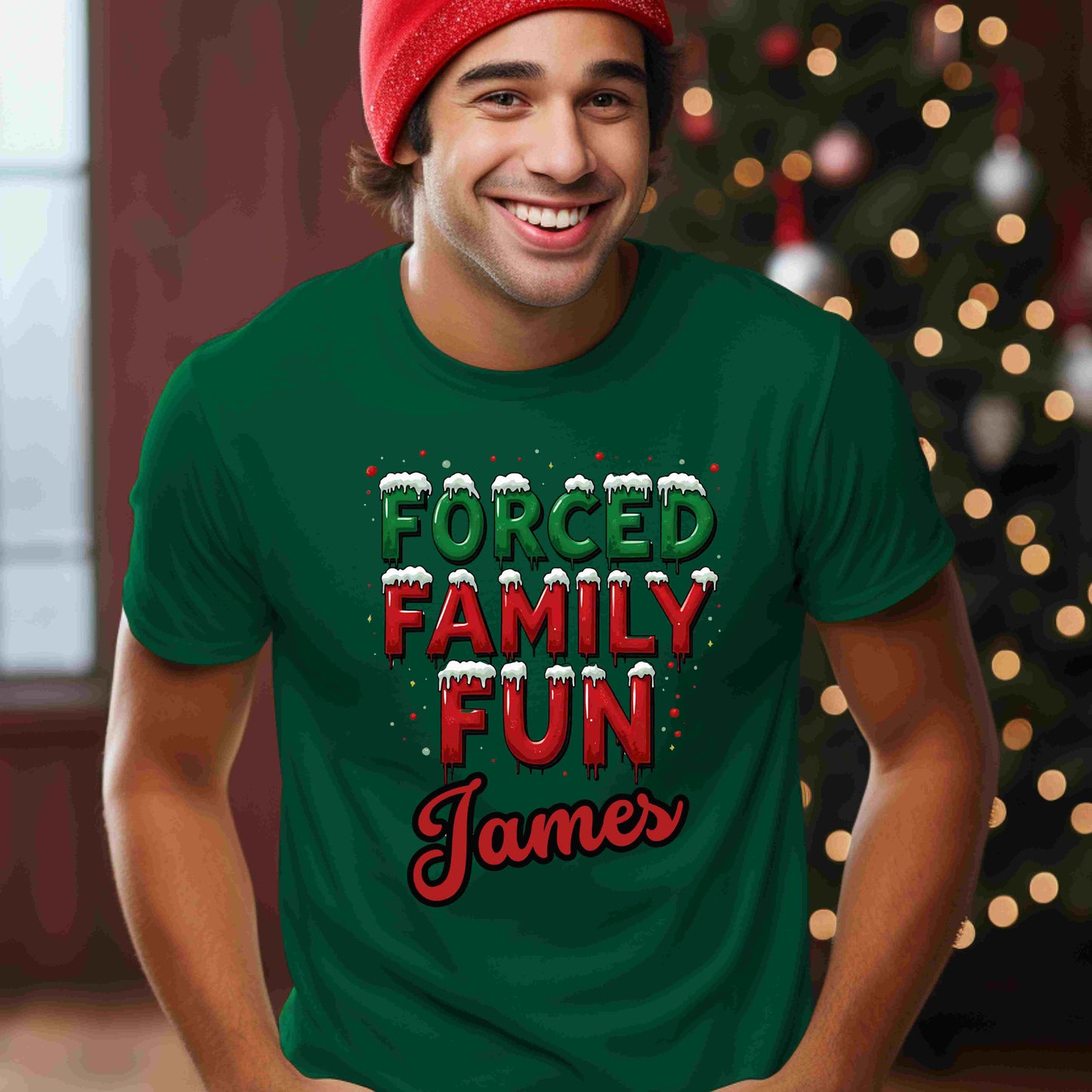 Forced Family Fun Christmas Shirt – Funny Holiday Family Matching Tee – Optional Custom Name – Bella + Canvas – White, Black, Red, Forest Green
