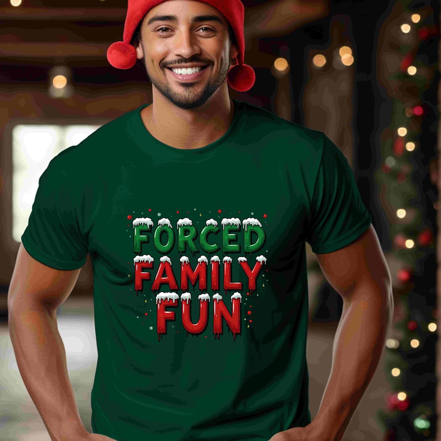 Forced Family Fun Christmas Shirt – Funny Holiday Family Matching Tee – Optional Custom Name – Bella + Canvas – White, Black, Red, Forest Green