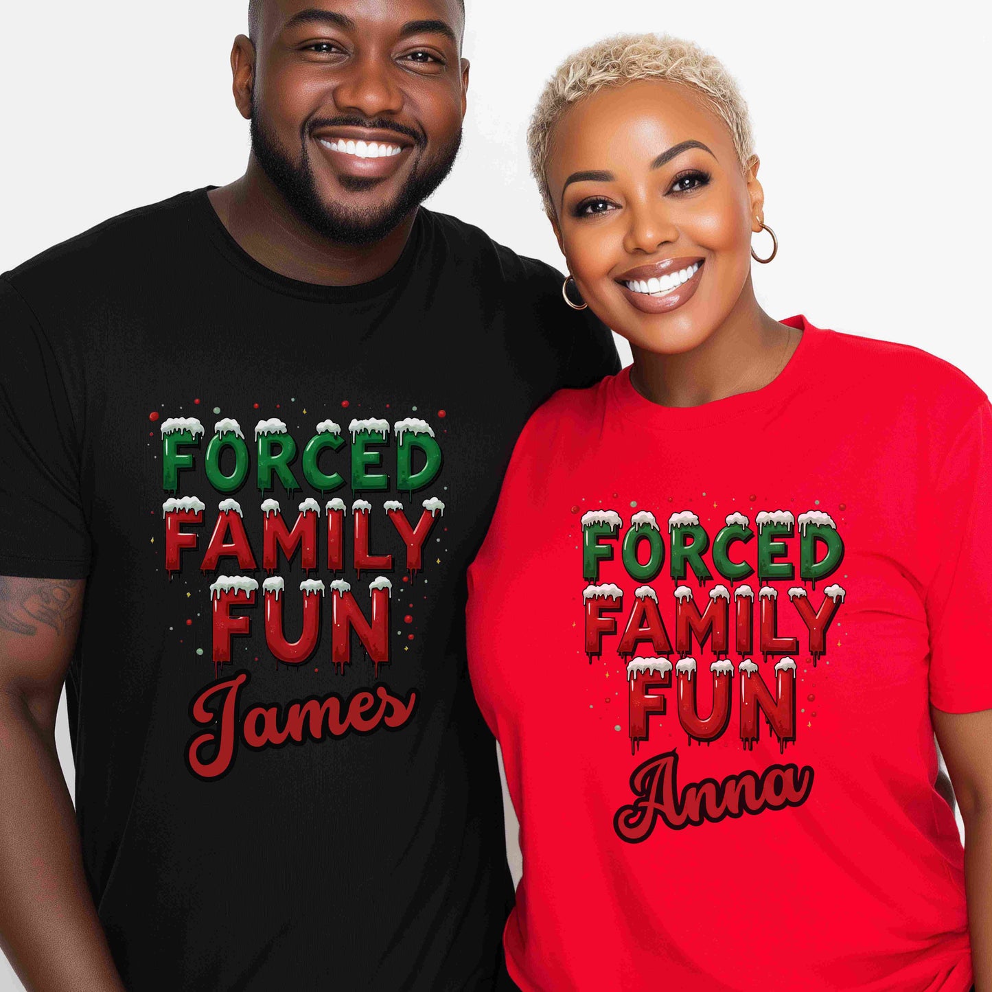 Forced Family Fun Christmas Shirt – Funny Holiday Family Matching Tee – Optional Custom Name – Bella + Canvas – White, Black, Red, Forest Green