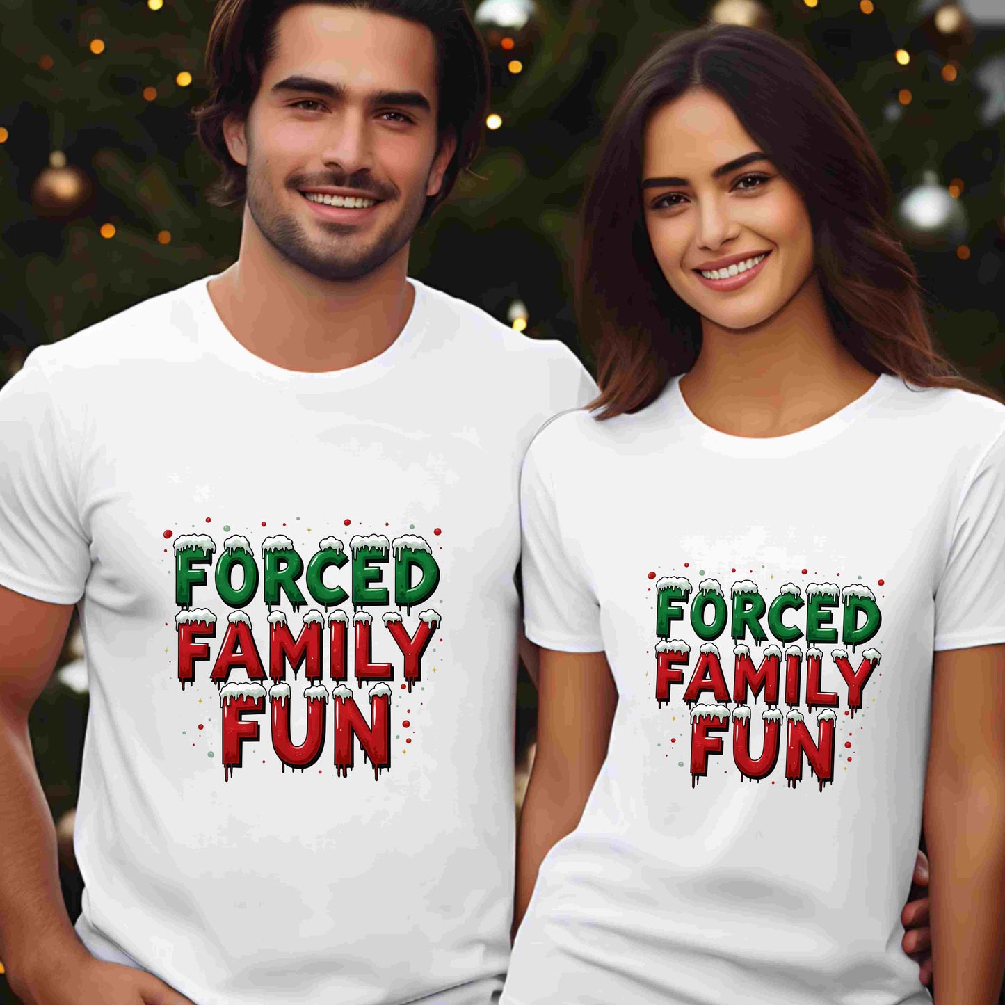 Forced Family Fun Christmas Shirt – Funny Holiday Family Matching Tee – Optional Custom Name – Bella + Canvas – White, Black, Red, Forest Green