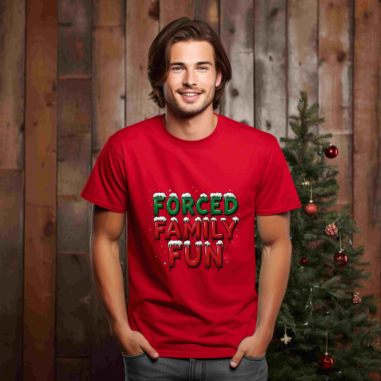 Forced Family Fun Christmas Shirt – Funny Holiday Family Matching Tee – Optional Custom Name – Bella + Canvas – White, Black, Red, Forest Green