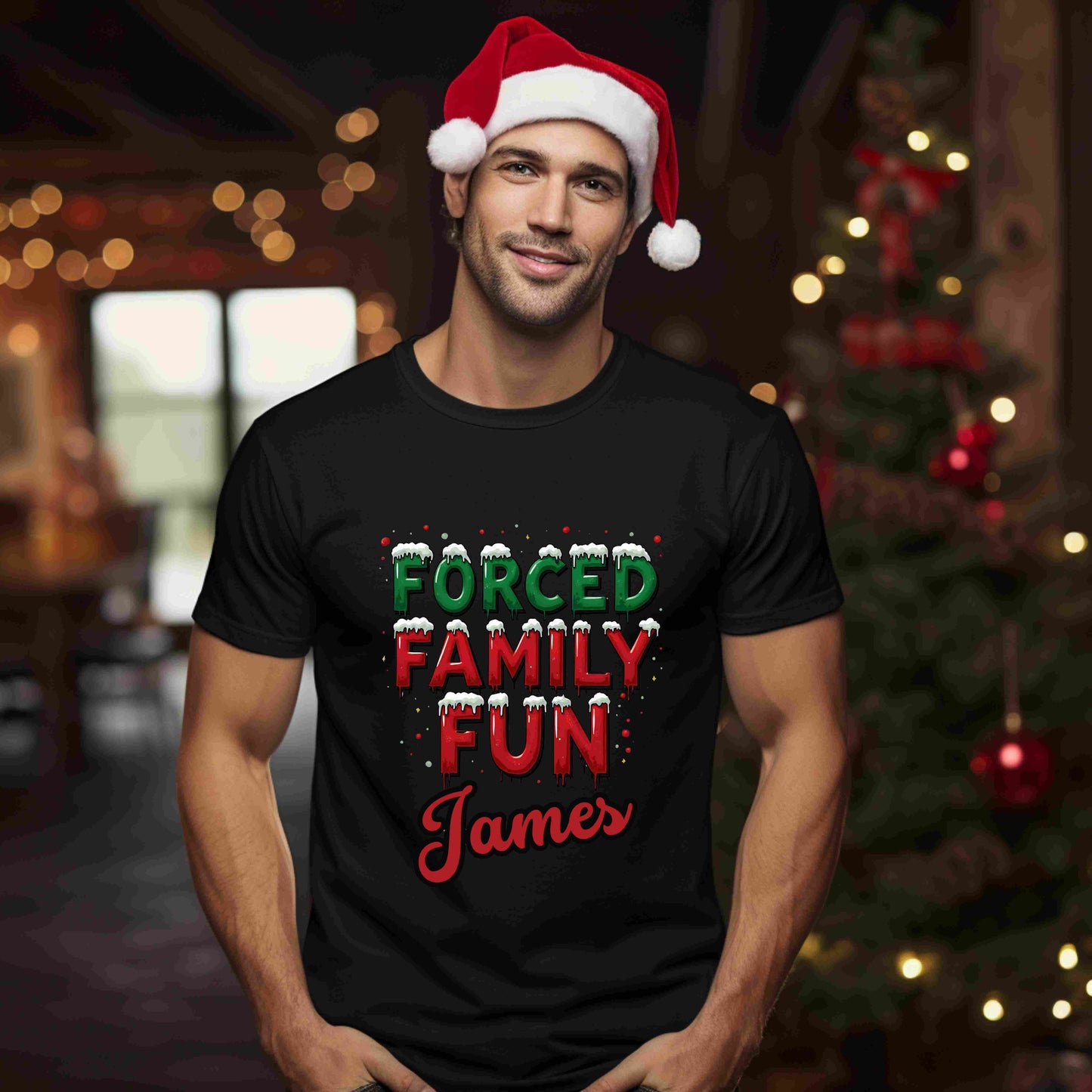 Forced Family Fun Christmas Shirt – Funny Holiday Family Matching Tee – Optional Custom Name – Bella + Canvas – White, Black, Red, Forest Green