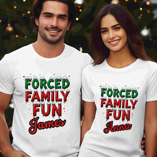 Forced Family Fun Christmas Shirt – Funny Holiday Family Matching Tee – Optional Custom Name – Bella + Canvas – White, Black, Red, Forest Green