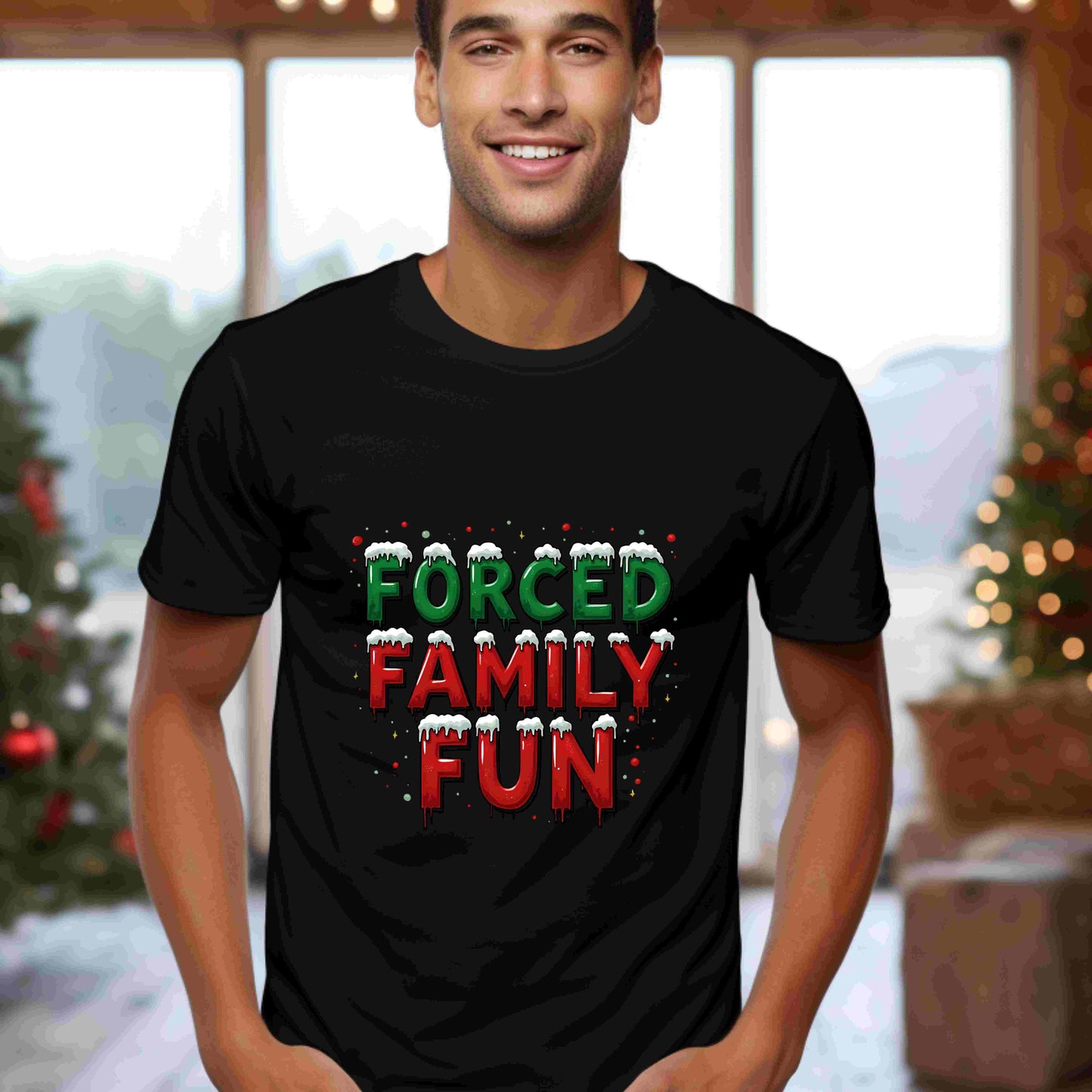 Forced Family Fun Christmas Shirt – Funny Holiday Family Matching Tee – Optional Custom Name – Bella + Canvas – White, Black, Red, Forest Green