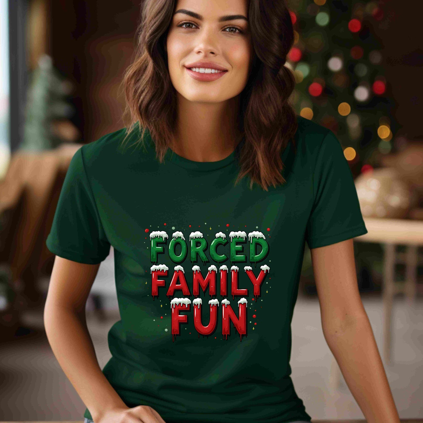 Forced Family Fun Christmas Shirt – Funny Holiday Family Matching Tee – Optional Custom Name – Bella + Canvas – White, Black, Red, Forest Green