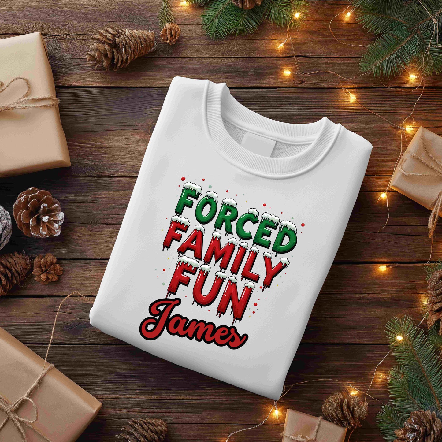 Forced Family Fun Christmas Shirt – Funny Holiday Family Matching Tee – Optional Custom Name – Bella + Canvas – White, Black, Red, Forest Green