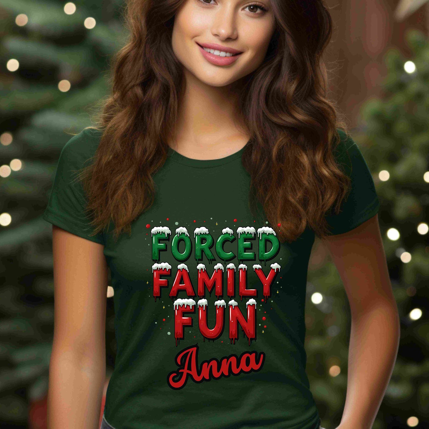 Forced Family Fun Christmas Shirt – Funny Holiday Family Matching Tee – Optional Custom Name – Bella + Canvas – White, Black, Red, Forest Green